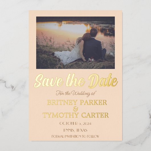 QRコーモダンドフォトシャンパンアイボリーの結婚フォイル 箔招待状 (正面)