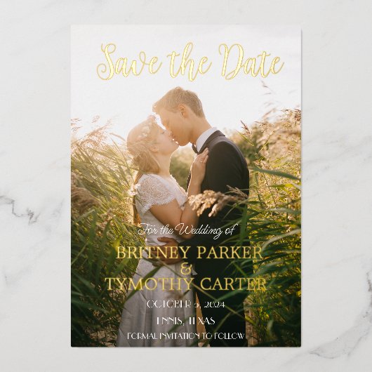 QRコーモダンドフォトスクリプトほこりっぽいブルー結婚ズFoi 箔招待状 (正面)