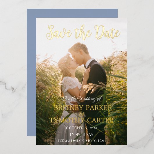 QRコーモダンドフォトスクリプトほこりっぽいブルー結婚ズFoi 箔招待状 (正面/裏面)