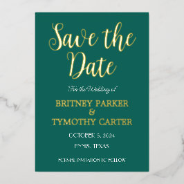 QRコーモダンドフォトスクリプトエメラルドグリーン結婚ズ 箔招待状