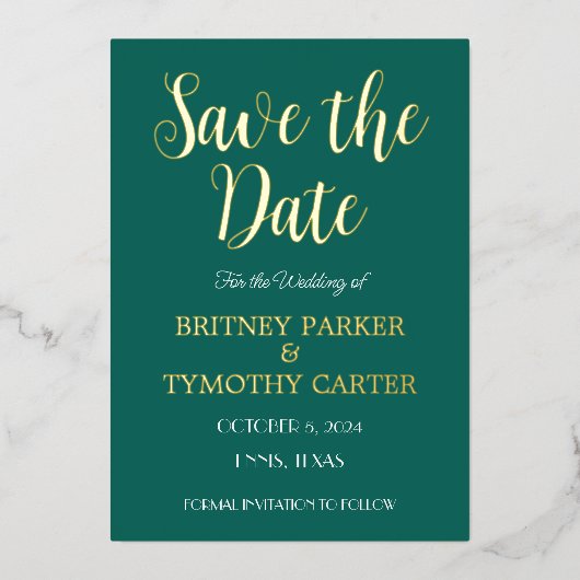 QRコーモダンドフォトスクリプトエメラルドグリーン結婚ズ 箔招待状 (正面)