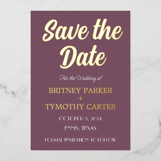 QRコーモダンドフォトパープルラベンダー結婚の箔 箔招待状 (正面)