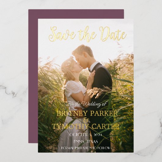 QRコーモダンドフォトパープルラベンダー結婚ズ 箔招待状 (正面/裏面)