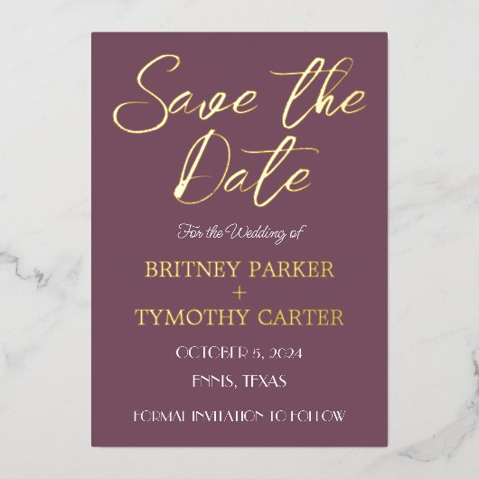 QRコーモダンドフォトパープルラベンダー結婚ズ 箔招待状 (正面)