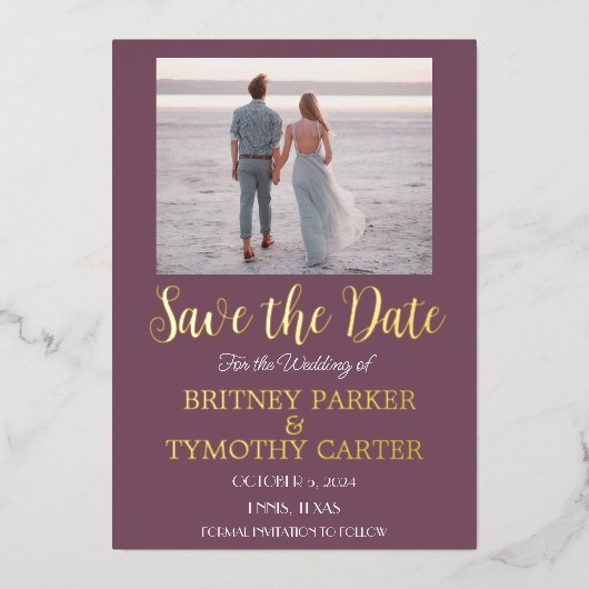 QRコーモダンドフォトラベンダーパープル結婚ズ箔 箔招待状 (正面)