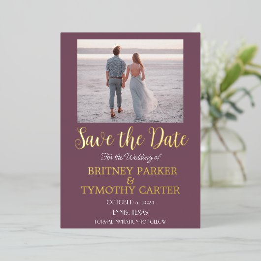 QRコーモダンドフォトラベンダーパープル結婚ズ箔 箔招待状 (立ち正面)