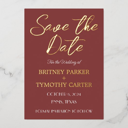 QRコーモダンドフォトワインバーガンディ結婚スクリプト 箔招待状 (正面)