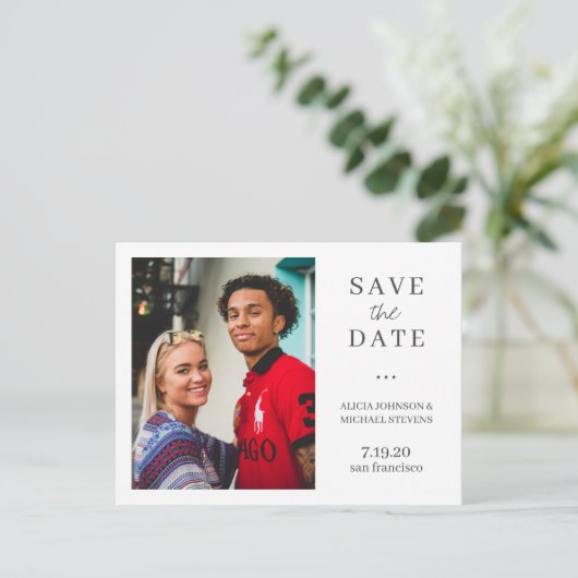 QRコーモダンドフォト結婚式の日付を保存 案内ポストカード (スタンド正面)