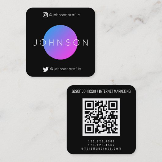 QRコーモダンドブラック編集を使用した幾何学的スタイル スクエア名刺 (正面/裏面)