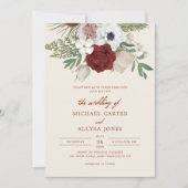 QRコーモダンドベージュおよび赤フローラ予算結婚 招待状 (正面)