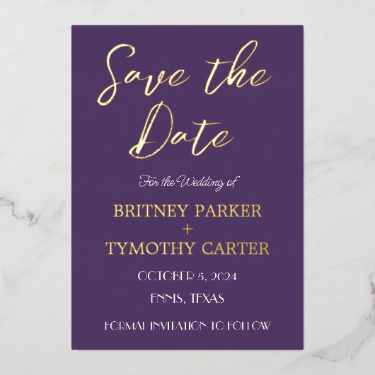 QRコーモダンド写真の手書きスクリプト結婚 箔招待状 (正面)