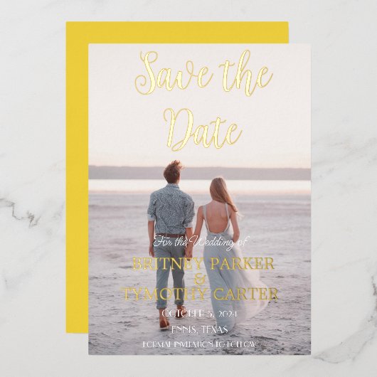 QRコーモダンド写真スクリプト黄色結婚の 箔招待状 (正面/裏面)