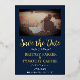 QRコーモダンド写真書道ネイビーブルー結婚ズ 箔招待状