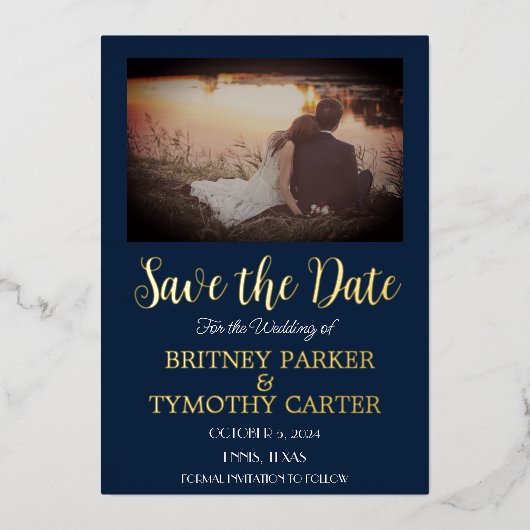 QRコーモダンド写真書道ネイビーブルー結婚ズ 箔招待状 (正面)