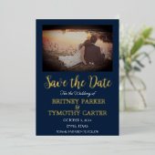 QRコーモダンド写真書道ネイビーブルー結婚ズ 箔招待状 (立ち正面)