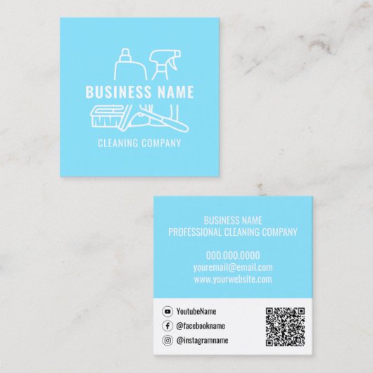 Qrコーモダンド清掃会社付きライトブルー スクエア名刺 (正面/裏面)