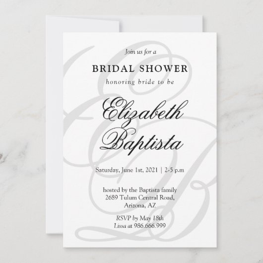 QRコーモノグラムのドブライダルシャワー付きミニマル 招待状 (正面)