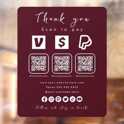 QRコー数々のドPaypal Venmo Cash App Burgundy ウィンドウサイン (シート2)