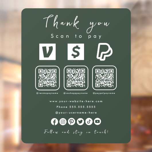 QRコー数々のドPaypal Venmo Cash App Forest Green ウィンドウサイン (シート2)