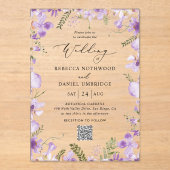 QRコー素朴ドパープルフラワー結婚ズ アクリル招待状 (正面)