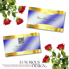 QRコ王室のード付きノーブル縁どブルブルー光沢金ゴールド 名刺