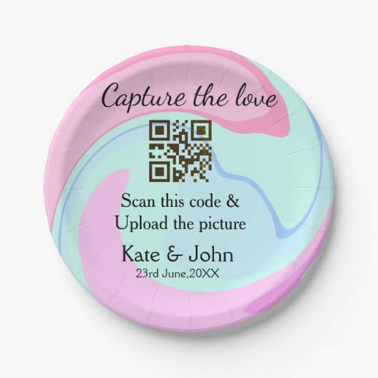 QRスキャン大理石ピンクブルーミックスを追加する愛をキャプチャ ペーパープレート (正面)