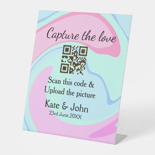 QRスキャン大理石ピンクブルーミックスを追加する愛をキャプチャ 台座サイン (正面)