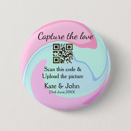 QRスキャン大理石ピンクブルーミックスを追加する愛をキャプチャ 缶バッジ (正面)