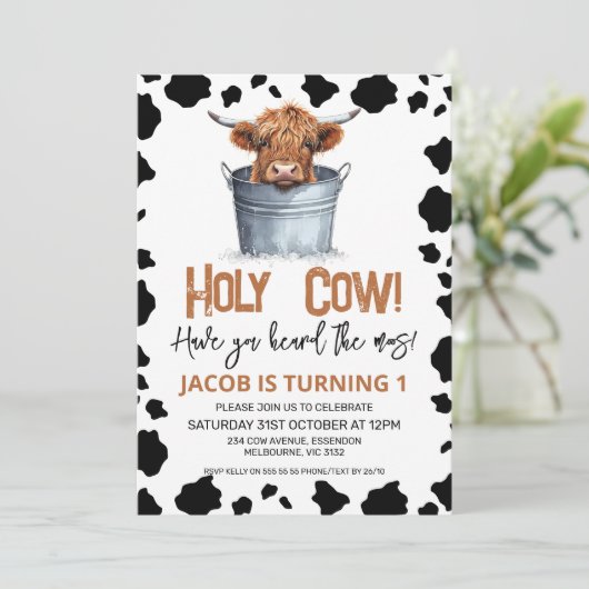 QRハイランドカウバケットカウズプリント1st誕生日 招待状 (スタンド正面)