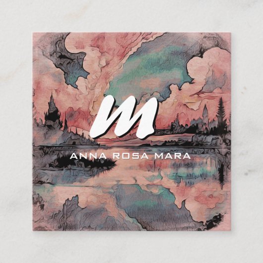 *~* QRピンクサーモンモダン抽象芸術風景AP93 スクエア名刺 (正面)