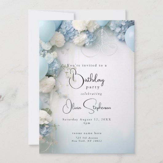 QRフェスティバルスカイブルー白い花とバルーン 招待状 (正面)