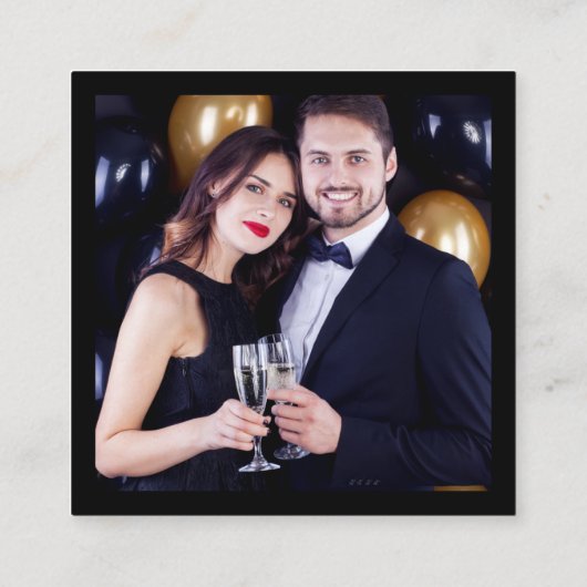 QRフォトモダンブラック金ゴールドスクエアウェディングRSVP エンクロージャーカード (裏面)