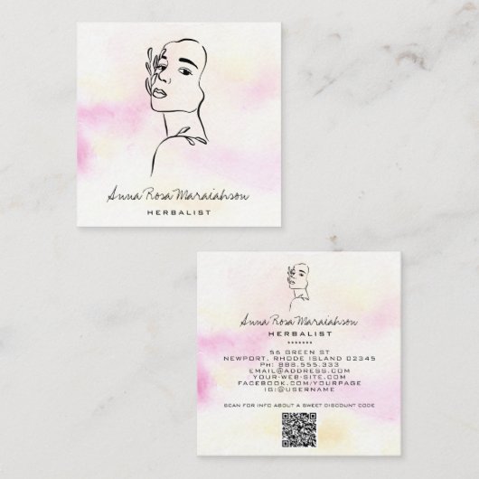 *~* QRボタニカルウーマンラインアート女神グリーン スクエア名刺 (正面/裏面)