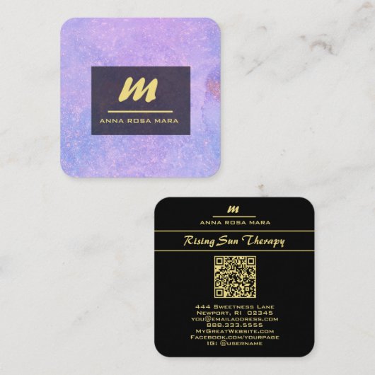 *~* QRラベンダーホワイト金ゴールドマゼンタイニシャルAP65 スクエア名刺 (正面/裏面)