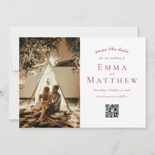 QR付き赤アラビアタイルパターン セーブザデート (正面)