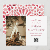 QR付き赤アラビアタイルパターン セーブザデート (正面/裏面)