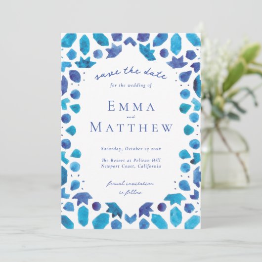 QR付地中海のき青タイル模様 セーブザデート (スタンド正面)