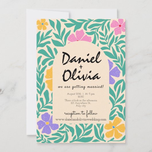 QR写真ファンキー付きGroovyフローラ結婚 招待状 (正面)