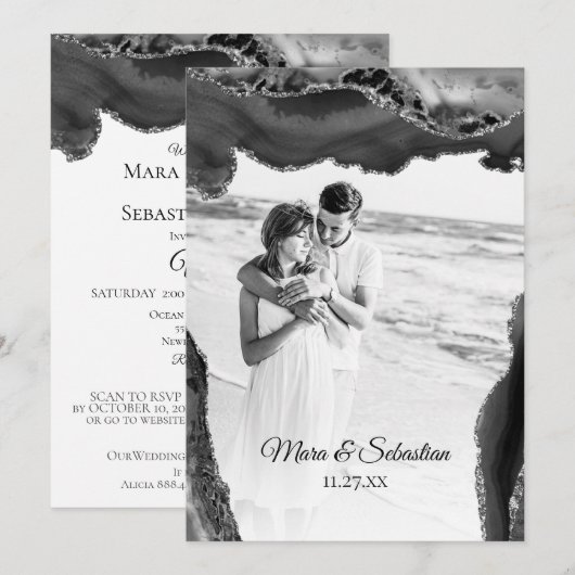 *～* QR写真RSVP AR13 AGATE Black 結婚' Invi 招待状 (正面/裏面)