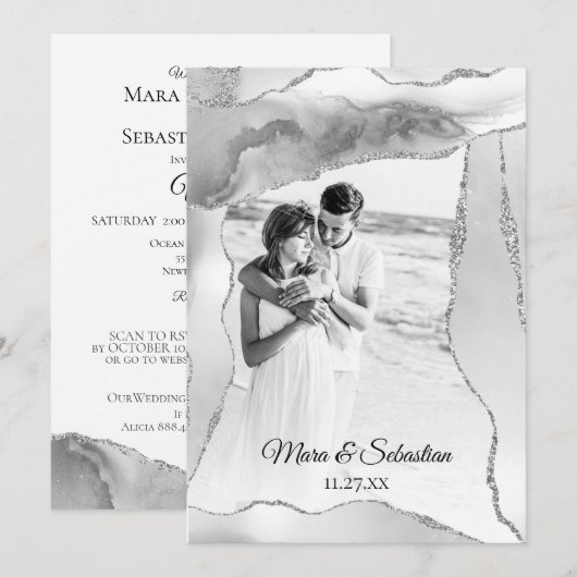 *~* QR写真RSVP AR13 Silver AGATE 結婚's 招待状 (正面/裏面)