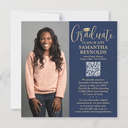 QR卒業海軍金ゴールド写真発表磁石 マグネット招待状 (正面)