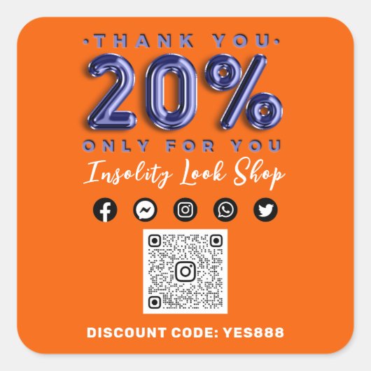 QR感謝していコードロゴ割引ブルーオレンジ スクエアシール (正面)