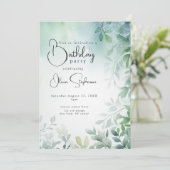 QR水彩誕生日ブルーグリーン葉 招待状 (スタンド正面)