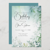 QR水彩誕生日ブルーグリーン葉 招待状 (正面/裏面)