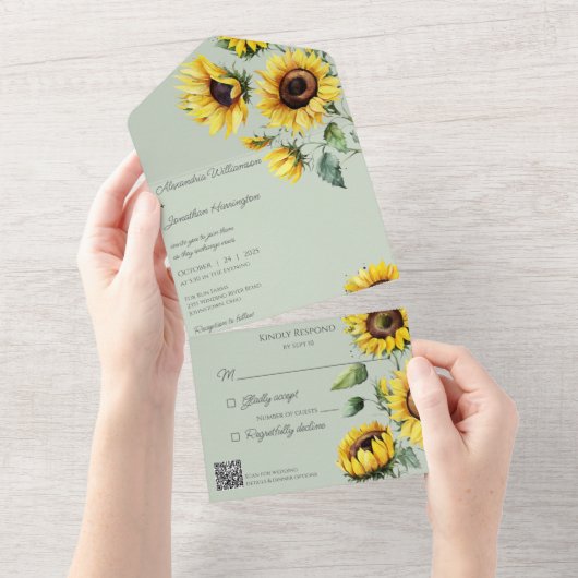 QR素朴コード付きセージ緑のひまわり オールインワン招待状 (貼ってはがせる)