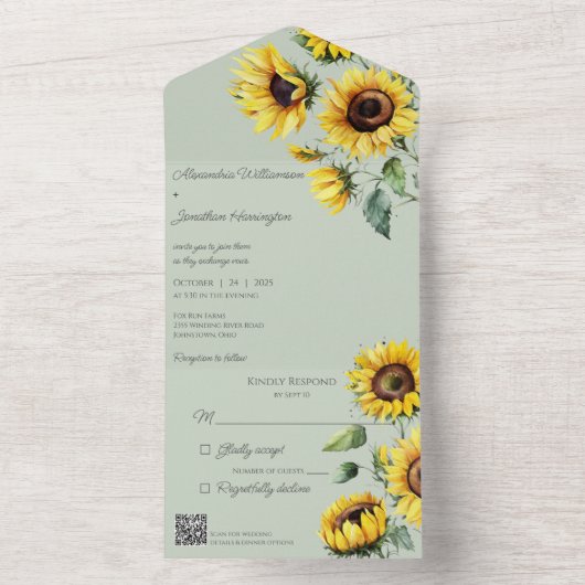 QR素朴コード付きセージ緑のひまわり オールインワン招待状 (内側)