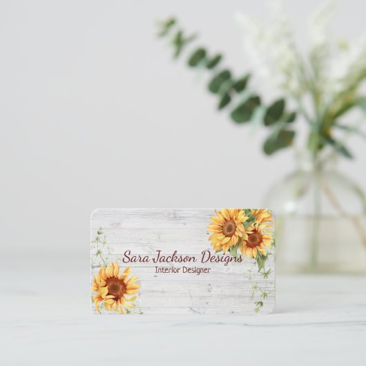 QR素朴コード付き木材のひまわり 名刺 (スタンド正面)