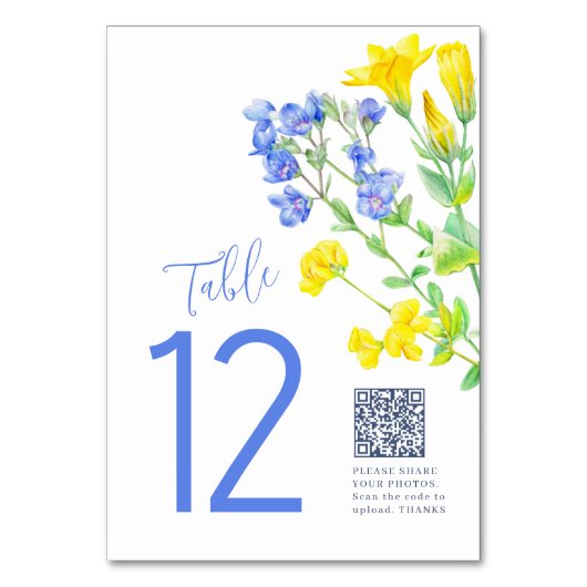 QR結婚を共有するワイルドフラワー黄色の青い写真 テーブルナンバー (正面)