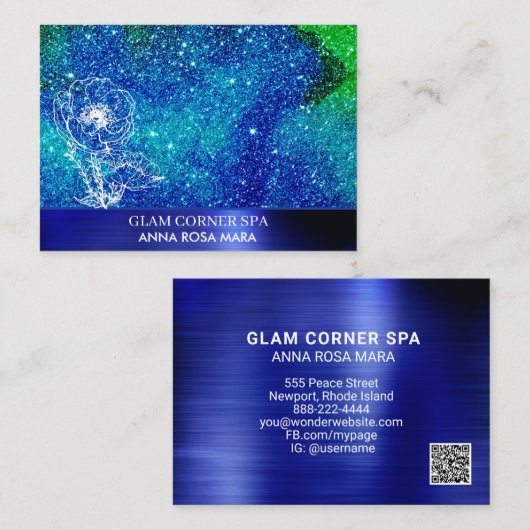 *～* QR美しい青緑グリッターブラシメタル 名刺 (正面/裏面)