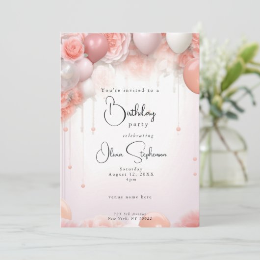 QR誕生日サンゴフローラと風船 招待状 (スタンド正面)